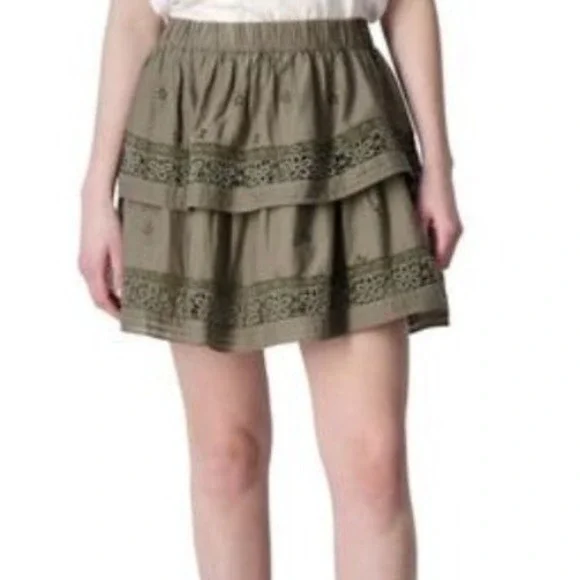 Lucky Brand Eyelet Lace Tiered Mini Skirt Cotton Green M Boho Cottagecore NWT - Picture 1 of 7